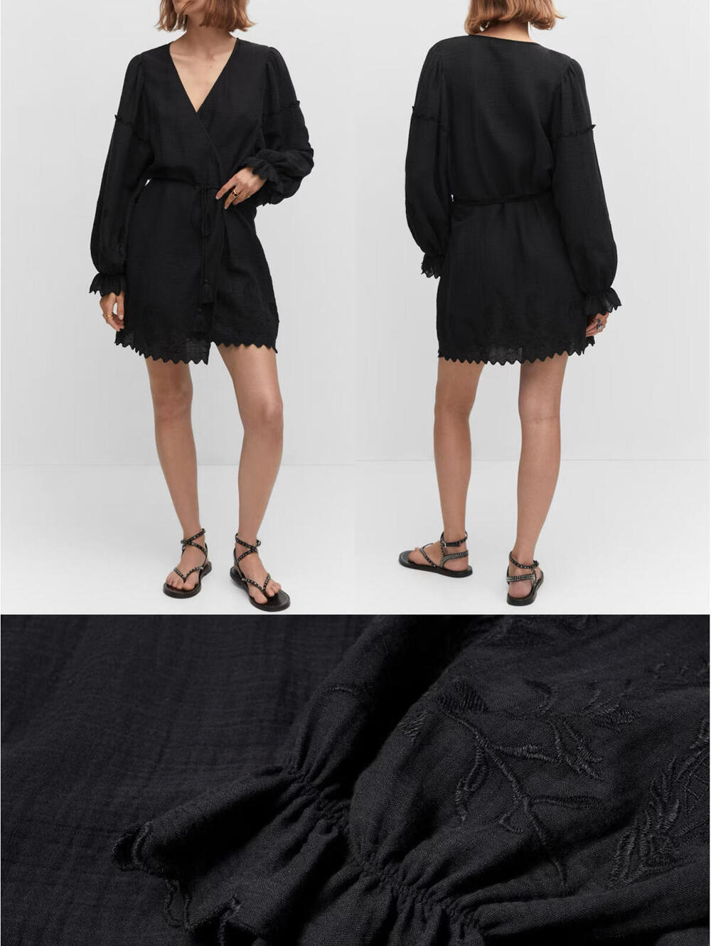 Mango Cotton Embroidered Textured Dress Long Sleeve NWT Jaione Black Size 2 / XS